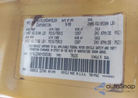 2000 Dodge Dakota Slt/Sport from USA, damaged, VIN 1B7GL22X6YS565381